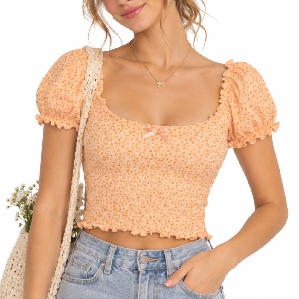 American Eagle Top Women XS Orange Floral Peasant Puff Sleeve Lettuce Trim Bow